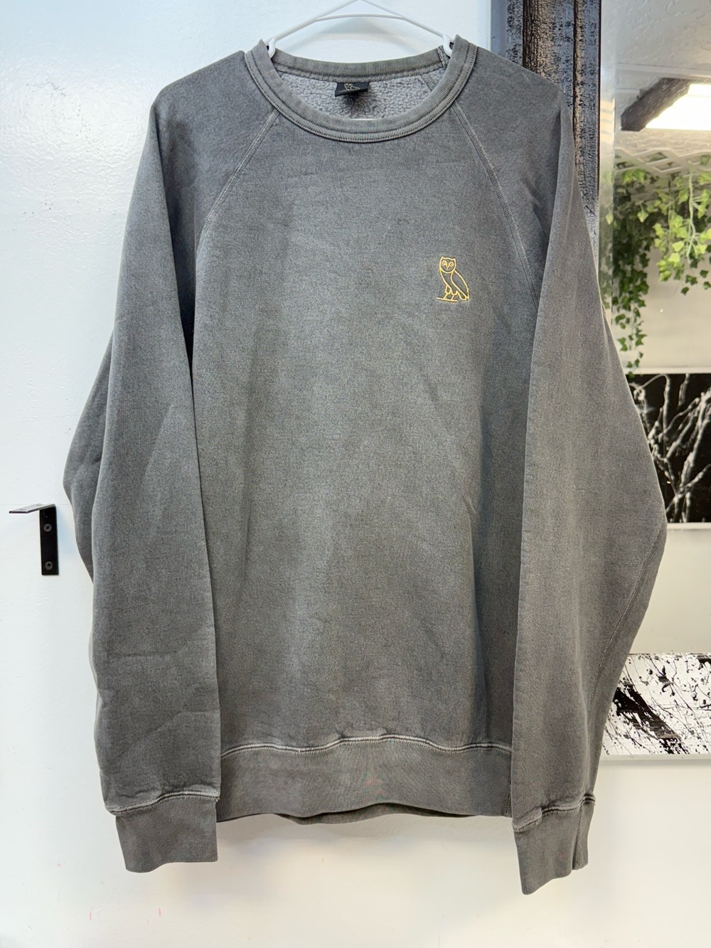 OVO Men's Dark Gray Crewneck Sweatshirt with Gold Owl Emblem